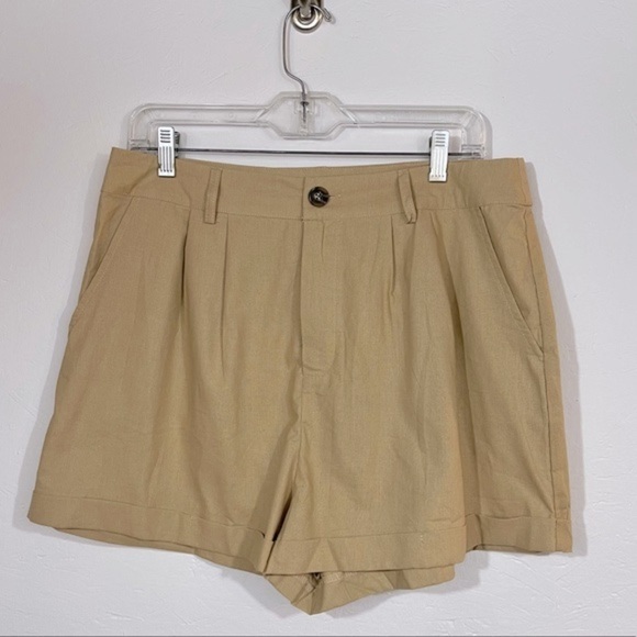 Nasty Gal Linen Blend High Waist Shorts, Stone, Size 10 - Picture 1 of 8